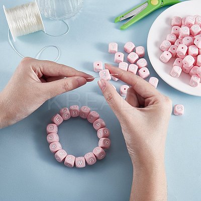 20Pcs Pink Cube Letter Silicone Beads 12x12x12mm Square Dice Alphabet Beads with 2mm Hole Spacer Loose Letter Beads for Bracelet Necklace Jewelry Making JX435U-1