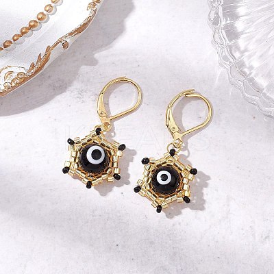 Star of David Evil Eye Handmade Glass Seed Beads with Lampwork Hoop Earrings EJEW-MZ00389-1