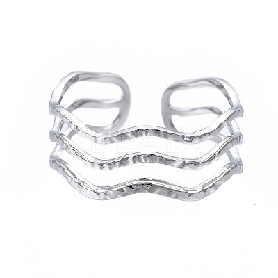 Non-Tarnish 304 Stainless Steel Triple Line Wave Open Cuff Ring LS-RJEW-T023-02P-1