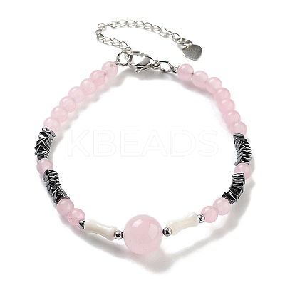 Natural Rose Quartz Round & Synthetic Non-magnetic Hematite & White Shell Beaded Bracelets for Women BJEW-K251-02A-1