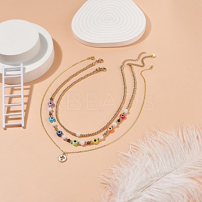 3Pcs 3 Style Natural White Moonstone & Resin Evil Eye Beaded Necklaces Set NJEW-JN04026-1