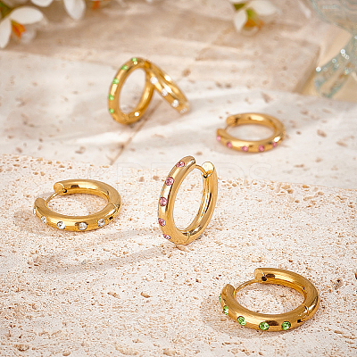3Pairs 3 Colors Real 18K Gold Plated 304 Stainless Steel Huggie Hoop Earrings with Cubic Zirconia EJEW-PH0001-27-1