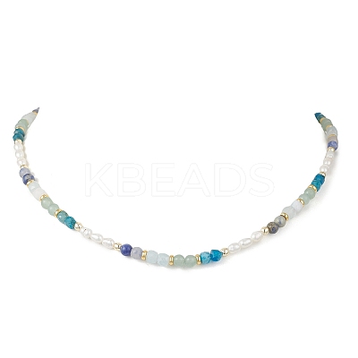 Natural Aquamarine & Sodalite & Green Aventurine Round Cube and Natural Pearl Rice Beaded Necklaces NJEW-JN05868-01-1