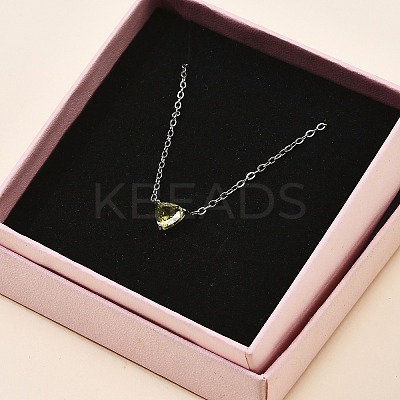 304 Stainless Steel Olive Cubic Zirconia Triangle Pendant Necklaces for Women NJEW-Z064-01P-1