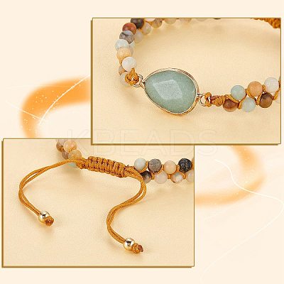 Natural Green Aventurine Teardrop Link Braided Bead Bracelet BJEW-SZ0002-54D-1