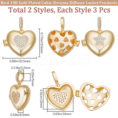 6Pcs 2 Styles Brass Micro Pave Cubic Zirconia Pendants ZIRC-BBC0003-08-1