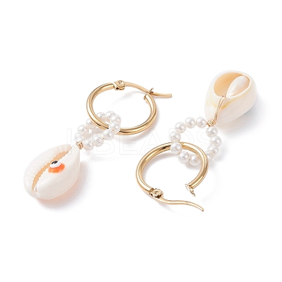 Shell Pearl Beaded Dangle Hoop Earrings EJEW-TA00042-1