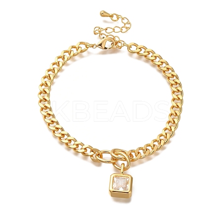 Square Brass Micro Pave Clear Cubic Zirconia Charm Bracelets BJEW-L696-013G-1