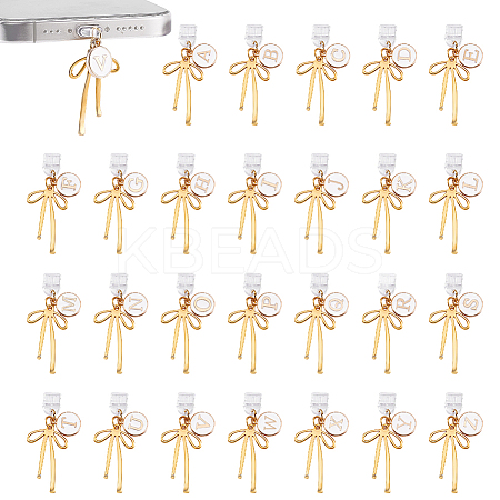 26Pcs 26 Styles Flat Round with Letter & Bowknot Zinc Alloy Enamel Mobile Dustproof Plugs HJEW-GA00054-1