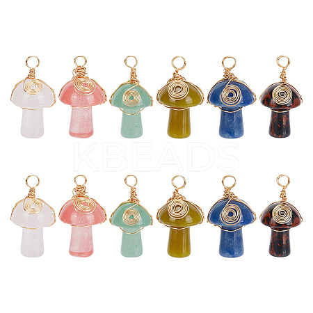 12Pcs 6 Styles Natural & Synthetic Mixed Gemstone Copper Wire Wrapped Pendants PALLOY-AB00182-1