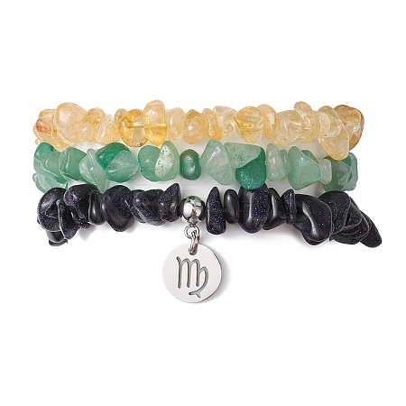 3Pcs 3 Styles Natural Citrine & Green Aventurine & Synthetic Blue Goldstone Chips Stretch Bracelets Sets BJEW-JB11076-08-1