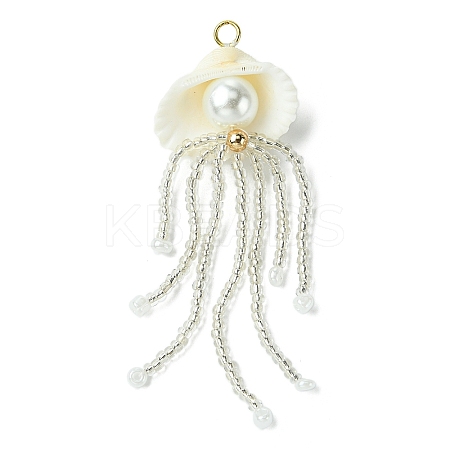 Natural Clam Shell & Glass Pearl & Glass Seed Beaded Big Pendants PALLOY-MZ00298-01-1