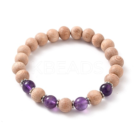Round Natural Amethyst Beaded Stretch Bracelets BJEW-JB05607-02-1