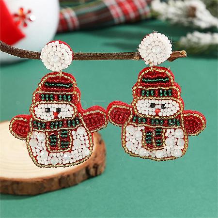 Christmas Style Beaded Earrings with Snowman Pattern and Glass Beads LN7721-2-1