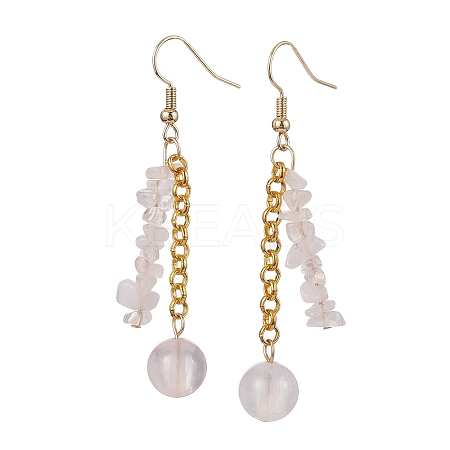 Round & Chip Natural Rose Quartz Dangle Earrings EJEW-JE05867-1