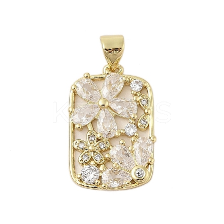 Rectangle with Flower Rack Plating Brass Micro Pave Cubic Zirconia Pendants KK-Z074-22G-1