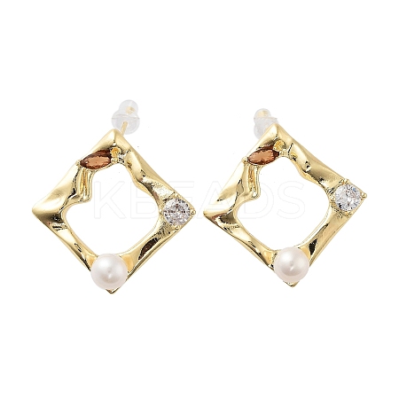 Natural Pearl Rhombus Stud Earrings EJEW-P256-92G-1