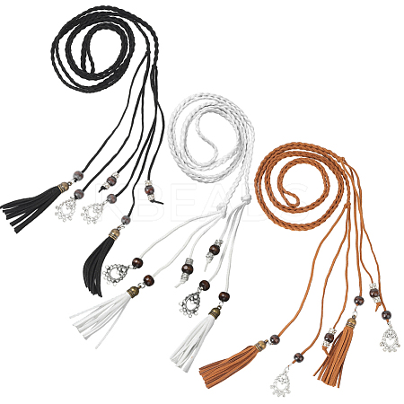 3Pcs 3 Colors Bohemian Imitation Leather Braided Tassel Wrap Chain Belts AJEW-GF0011-98-1