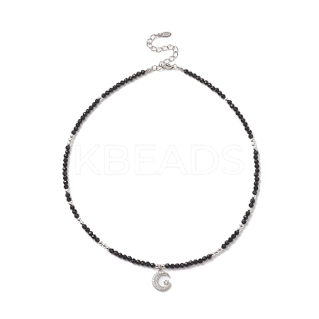 Clear Cubic Zirconia Moon Pendant Necklace with Natural Black Onyx Beaded Chains for Women NJEW-JN04271-01-1