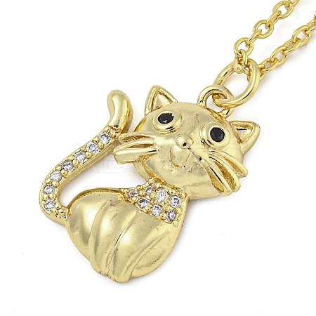 Brass Micro Pave Clear Cubic Zirconia Cat Pendant Necklaces for Women NJEW-Z042-01G-02-1