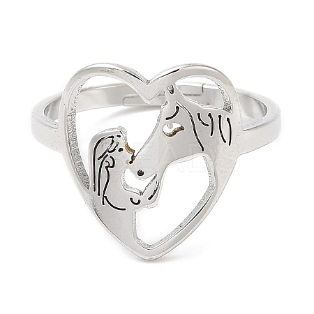 Non-Tarnish 304 Stainless Steel Heart with Horse Adjustable Ring for Women RJEW-M149-20P-1