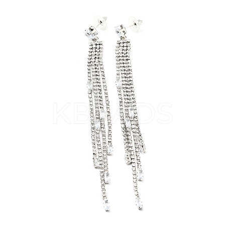 Clear Cubic Zirconia & Crystal Rhinestone Long Tassel Dangle Stud Earrings EJEW-C037-07B-P-1