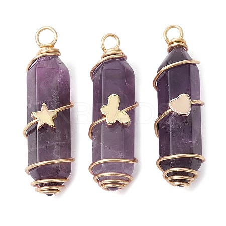3Pcs 3 Styles Natural Amethyst Copper Wire Wrapped Pointed Pendants PALLOY-JF02460-02-1