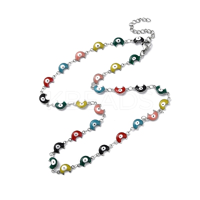Moon with Evil Eye Enamel Link Chain Necklace NJEW-G117-02P-01-1