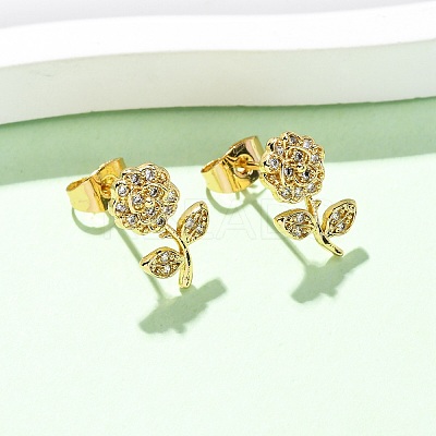 Brass Micro Pave Clear Cubic Zirconia Flower Stud Earrings EJEW-K267-35G-1
