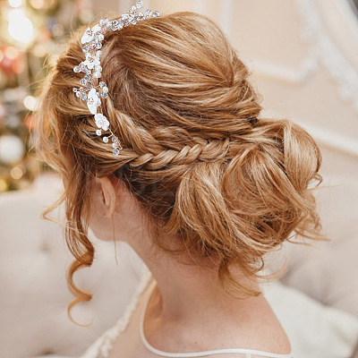 2Pcs 2 Colors Wedding Bridal Flower ABS Plastic Imitation Pearl Headband OHAR-GO0001-09-1
