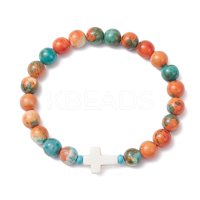 3Pcs 3 Colors Dyed Synthetic Ocean White Jade & Turquoise Beaded Stretch Bracelets for Men Women BJEW-JB12372-1