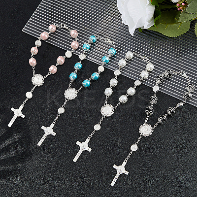 4Pcs 4 Colors Cross with Jesus Alloy Charm Bracelets BJEW-DC0001-10-1