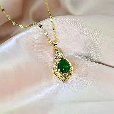 Alloy Crystal Rhonestone and Green Glass Teardrop Pendants Necklaces for Women FS-WG0BC64-01-1