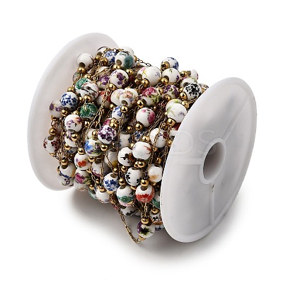 Handmade 304 Stainless Steel Porcelain Beaded Round with Flower Pattern Link Chains CHS-L032-15G-02-1
