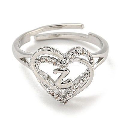 Heart with Letter Rack Plating Brass Micro Pave Clear Cubic Zirconia Adjustable Rings for Women RJEW-I105-01P-Z-1
