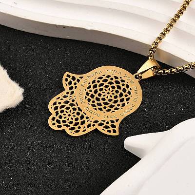 201 Stainless Steel Hollow Religion Hamsa Hand Pendant Necklaces NJEW-M086-01G-1