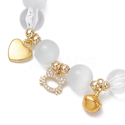 Cat & Bell & Heart Brass Charm Bracelets BJEW-JB10484-01-1