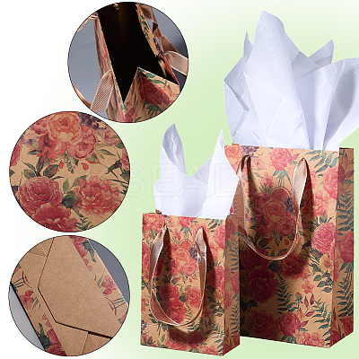 8Pcs 2 Styles Rotro Rose Flower Print Paper Packaging Tote Bags ABAG-BBC0001-32-1