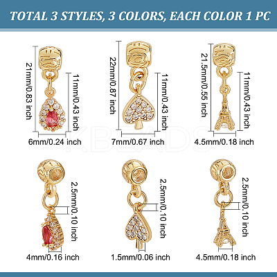 9Pcs 9 Style Rack Plating Brass Micro Pave Clear Cubic Zirconia Pendants ZIRC-OC0001-03-1