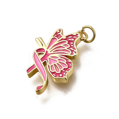 October Breast Cancer Pink Awareness Ribbon Brass Enamel Pendants KK-G525-10G-07-1