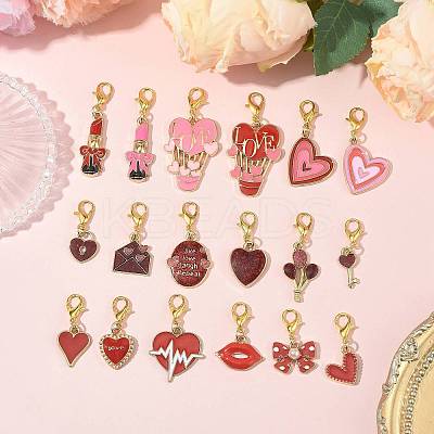 12Pcs 12 Styles Valentine's Day Heart Alloy Enamel Pendant Decorations HJEW-FS00078-01-1