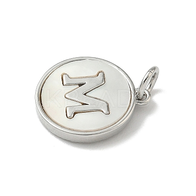 Brass Pave Natural Shell Flat Round with Letter Charms KK-Z115-13P-M-1