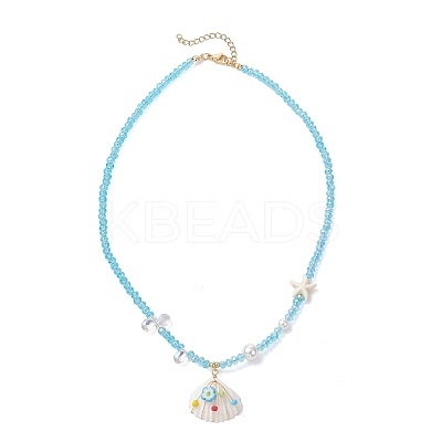 Ocean Natural Shell Copper Wire Wrapped Flower Shell Pendant Faceted Rondelle Glass and Round Shell Pearl Beaded Necklaces NJEW-TA00222-1