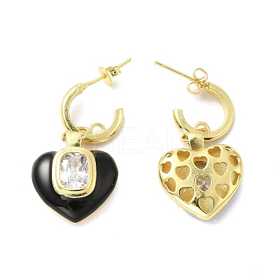 Enamel Heart Dangle Stud Earrings with Clear Cubic Zirconia EJEW-G327-07G-1