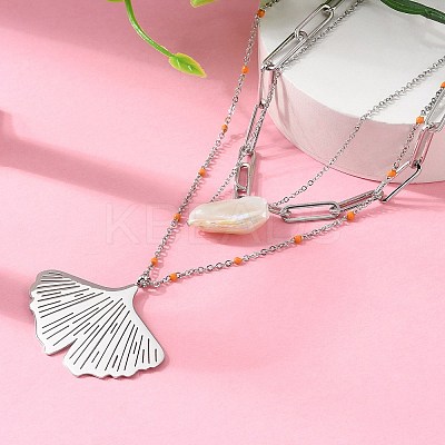 304 Stainless Steel & Natural Pearl & Enamel Beads Leaf Pendant 3 Layer Necklaces for Women NJEW-A045-18P-1
