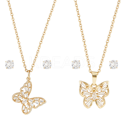 2 Sets 2 Styles Clear Cubic Zirconia Stud Earrings & Butterfly Pendant Necklaces Set SJEW-HY0001-01-1