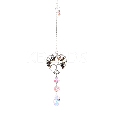 Wire Wrapped Natural Tourmaline Heart with Tree of Life Pendant Decorations HJEW-K046-02P-01-1