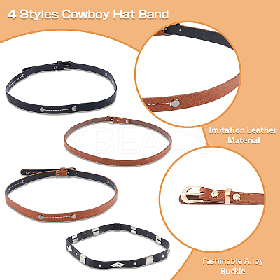 4Pcs 4 Style Imitation Leather Southwestern Cowboy Hat Band FIND-FH0006-53-1