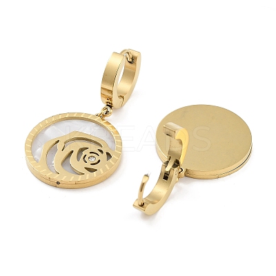 Left and Right Flat Round with Rose 304 Stainless Steel Shell Dangle Earrings EJEW-L283-070G-1