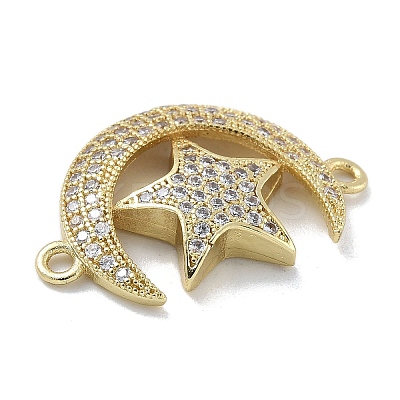 Rack Plating Brass Micro Pave Clear Cubic Zirconia Moon with Star Connector Charms KK-A234-056G-1